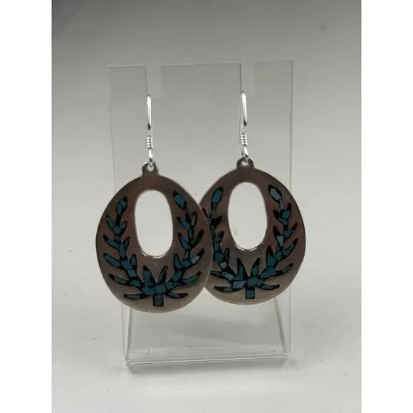 TM-121 Taxco Mexico Sterling Silver Pierced Earrings Inlaid Stone - Picture 9 of 12
